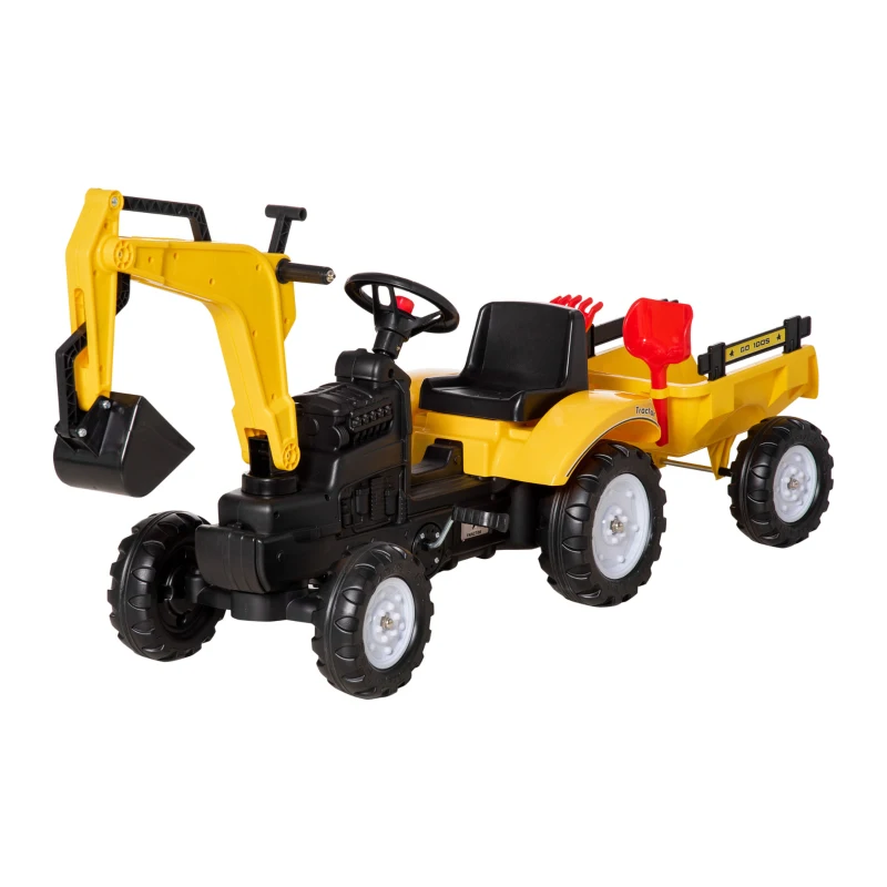 Aosom Digger Ride-on Truck Kids Car with Horn, Excavator Ride-on Toy, Imaginative Toy Construction Car, 6 Wheels & Detachable Trailer, Yellow