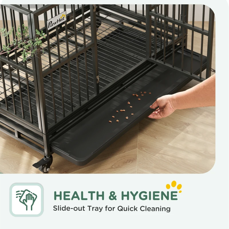 PawHut 48" Heavy Duty Dog Crate Metal Cage Kennel with Lockable Wheels, Double Door and Removable Tray, gray