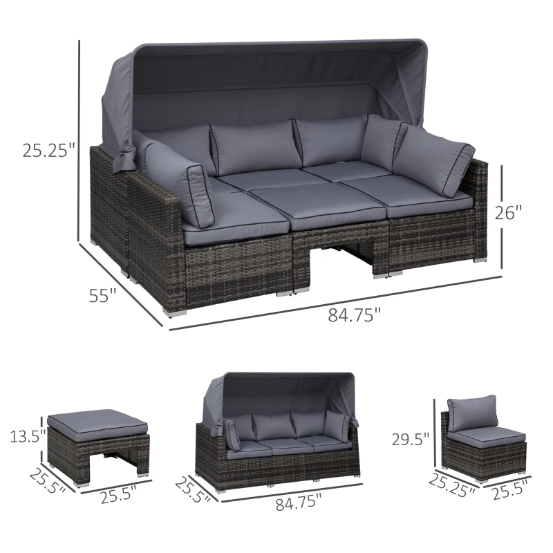 Outsunny Outdoor Daybed with Canopy, 4 Piece Sectional Patio Furniture Set, Cushions, Coffee Table Ottoman, PE Wicker Conversation Sofa Set and Convertible Sunbed, Gray