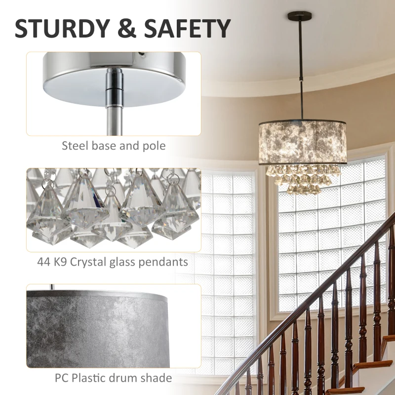 HOMCOM Modern Crystal Chandelier Light with Adjustable Hanging Pole, Ceiling-Connecting Metal Round Base, Grey