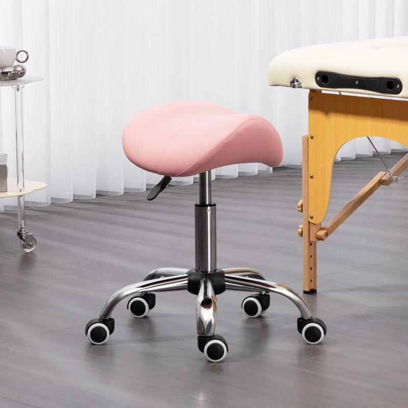 HOMCOM Cosmetic Stool 360° Rotate Height Adjustable Salon Massage Spa Chair Hydraulic Rolling Faux Leather Saddle Stool, Pink