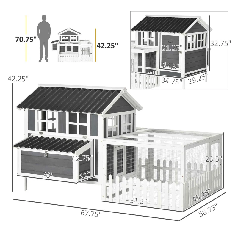 PawHut Wooden Chicken Coop with Run for 1-2 Chickens, 68" x 59" x 42"(m-4)