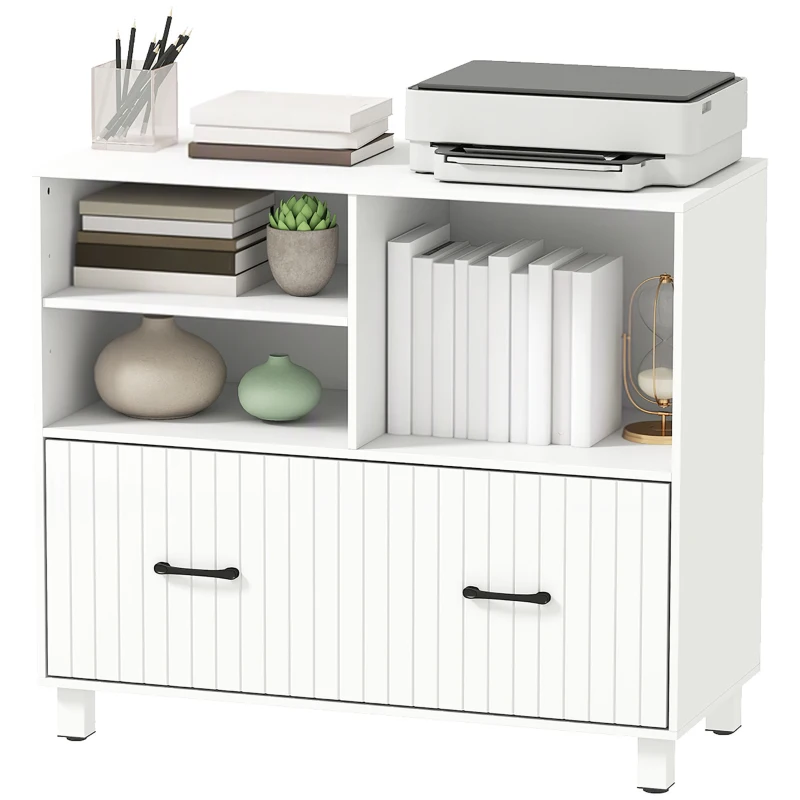 HOMCOM Lateral Office Filing Cabinet, 1-Drawer File Cabinet with Open Storage Shelves, Adjustable Hanging Bars, White