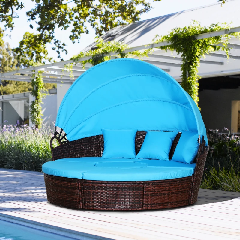 Outsunny 4-Piece Round Convertible Daybed with Cushions, Outdoor PE Rattan Patio Wicker Sofa Set, Sunbed with Adjustable Sun Canopy, Sectional Sofa, 2 Chairs, Table, 3 Pillows, Light Blue