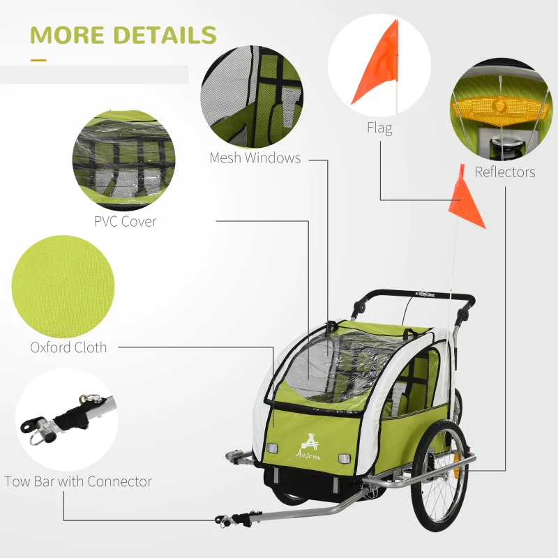 Aosom Elite 360 Swivel Bike Trailer for Kids Double Child Two-Wheel Bicycle Cargo Trailer With 2 Security Harnesses, Green