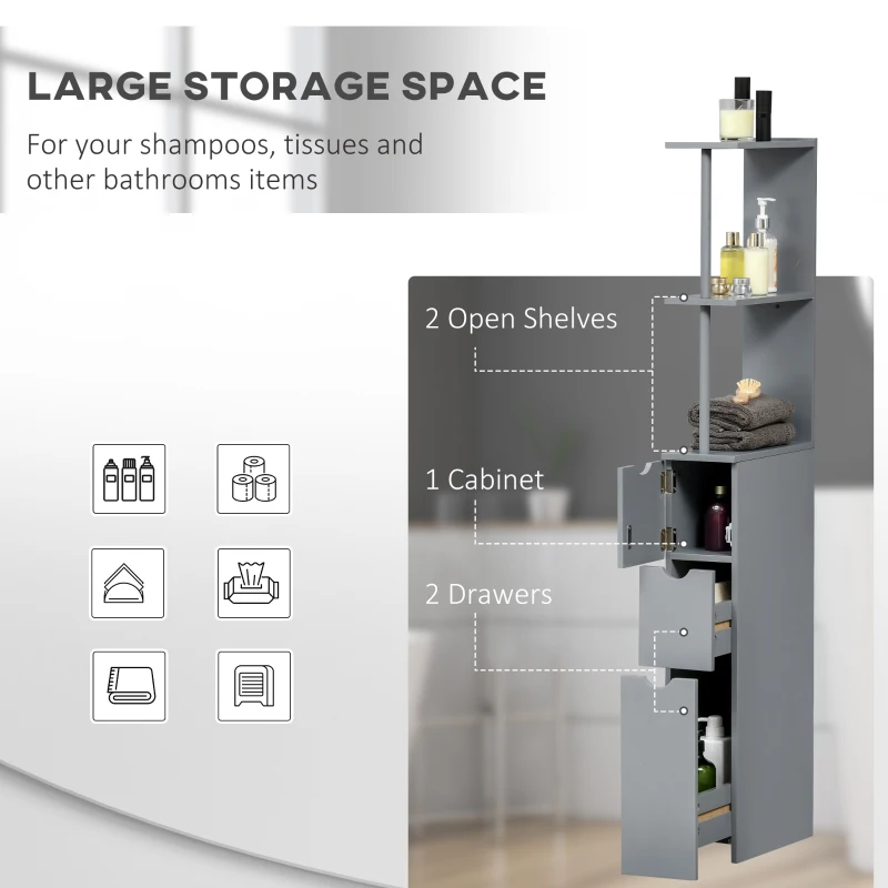 HOMCOM 54" Tall Bathroom Storage Cabinet, Freestanding Linen Tower with 2-Tier Shelf and Drawers, Narrow Side Floor Organizer, Grey