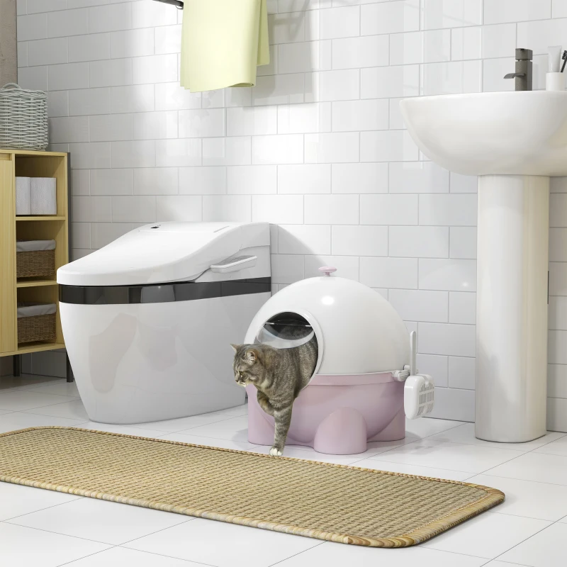 PawHut Hooded Cat Litter Box, Large Kitty Litter Pan with Lid, Scoop, Leaking Sand Pedal, Top Handle, Light Pink