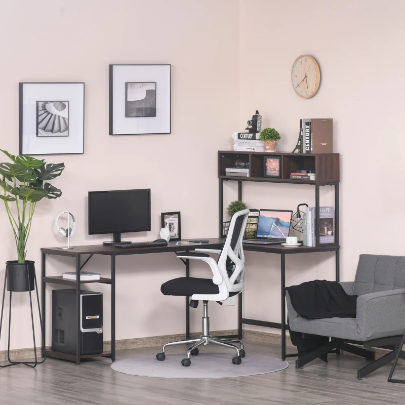 HOMCOM L-Shaped Home Office Desk with Bottom Tower Shelf, 3 Cube Shelves, Computer Writing Desk with Metal Frame, Walnut Brown