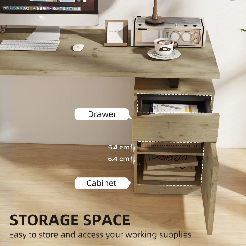 HOMCOM 53 Inch Computer Desk, Writing Table with Cabinet, Drawer, Adjustable Shelf for Home Office Study, Natural Wood