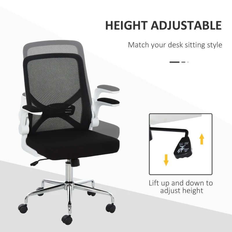 Vinsetto Ergonomic Mesh Office Chair Rocking Swivel Computer Task Desk Chair with Folding Backrest, Lumbar Support, Flip-up Arms and Adjustable Height, Black