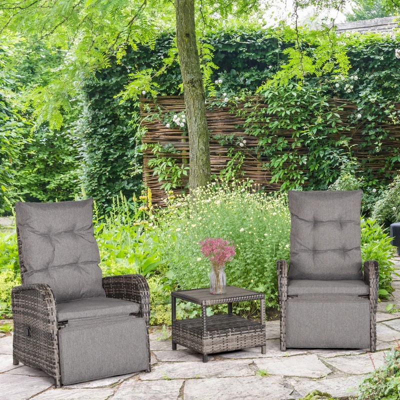 Outsunny 3 PC Rattan Wicker Conversation Patio Set with Side Coffee Table and Adjustable Backrest, Grey