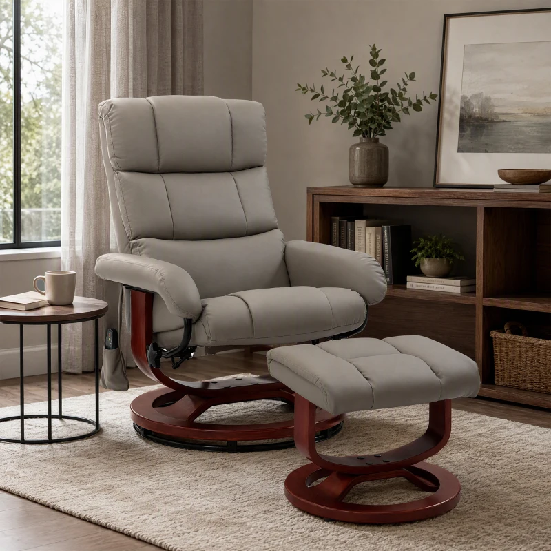 HOMCOM Massage Recliner Chair with Ottoman, Swivel Recliner and Footrest, Faux Leather Reclining Chair w/ Remote Control, Gray