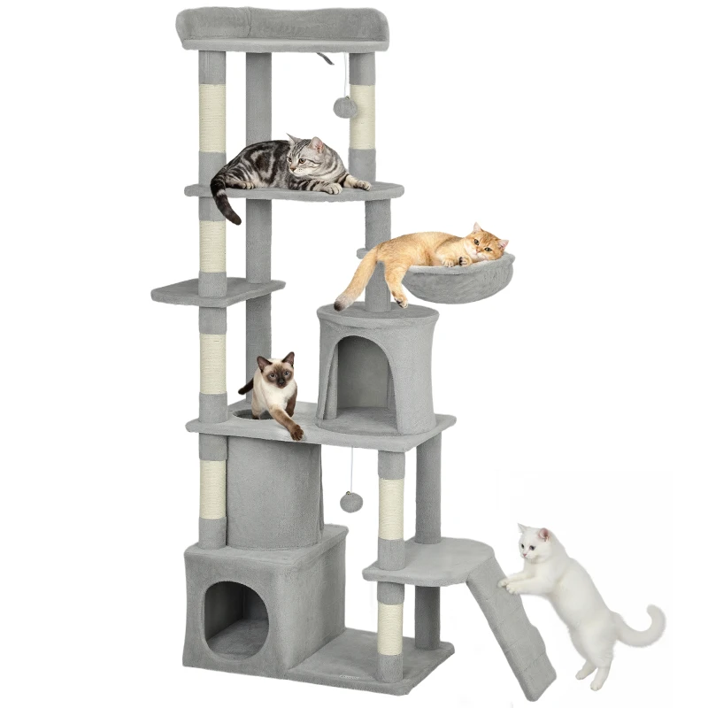 PawHut 67" Large Cat Tree with 7 Scratching Posts, Tunnel, 2 Condos, Hammock, Perch, Ramp, Pompoms, Light Grey