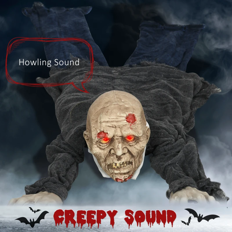 HOMCOM62 Inch/5.2ft Life Size Outdoor Halloween Decoration Crawling Zombie, Animated Prop Decor with Sound and Motion Activated, Light Up Eyes, Creepy Sound