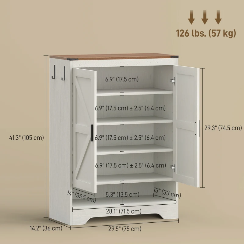 HOMCOM 5-Tier Shoe Storage Cabinet for 15 Pairs, Freestanding Farmhouse Shoe Cabinet, White