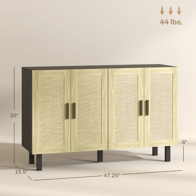 HOMCOM Boho Kitchen Cabinet, Buffet Cabinet with 4 Rattan Doors and Adjustable Shelves for Dining Room, Black and Natural