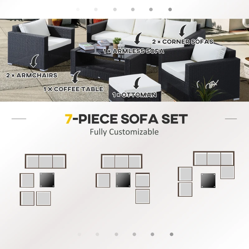 Outsunny 7 Pieces Patio Wicker Furniture Set, Outdoor PE Rattan Sectional Conversation Furniture Sofa with Glass Table and Cushion, Beige