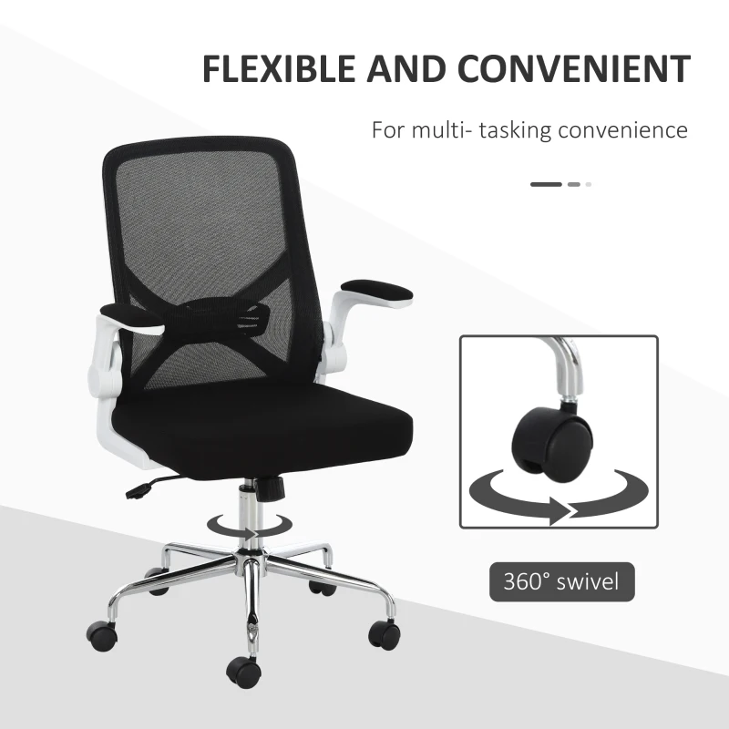 Vinsetto Ergonomic Mesh Office Chair Rocking Swivel Computer Task Desk Chair with Folding Backrest, Lumbar Support, Flip-up Arms and Adjustable Height, Black