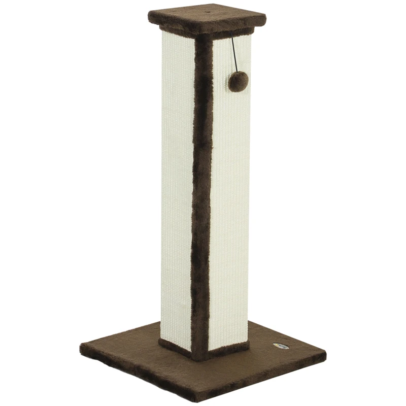 PawHut 32" Tall Cat Scratching Post for Indoor Cats and Kittens, Sisal Cat Scratcher with Hanging Ball Soft Plush, Brown