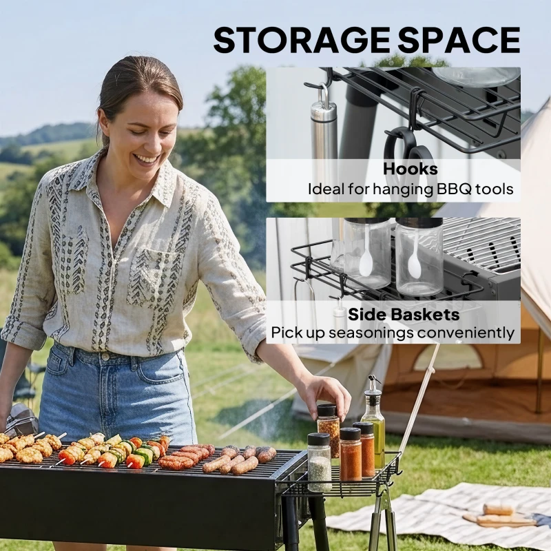 Outsunny Portable BBQ Grill, Charcoal Grill with Side Seasoning Baskets, Hooks and Nets for Outdoor, Picnic, Camping, Black