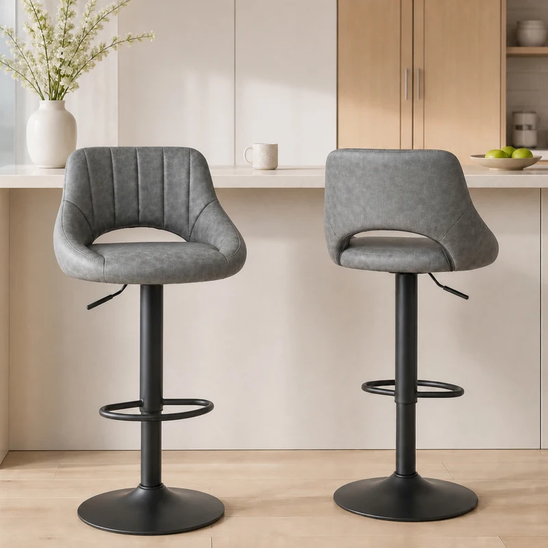 HOMCOM Bar Stools Set of 2 Swivel Bar Height Barstools Chairs with Adjustable Height, Round Heavy Metal Base, Footrest, Gray