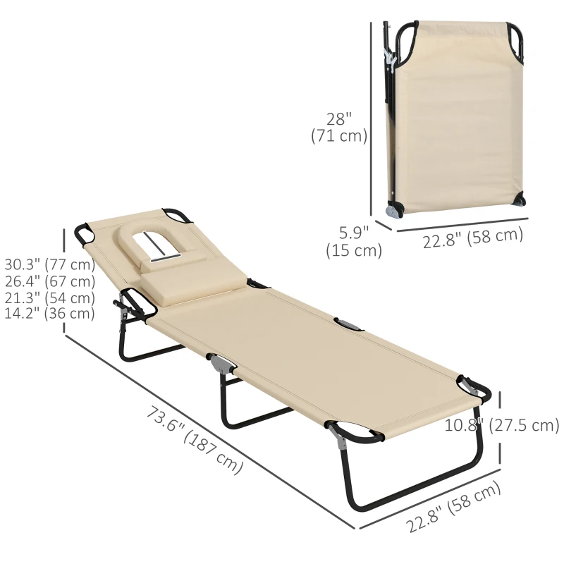 Outsunny Folding Lounge Chair Set of 2, Reclining Beach Tanning Chair with Face Hole, Pillow, 4-Position Adjustable Flat Sun Lounger, Steel Frame for Outdoor Patio Pool, Beige