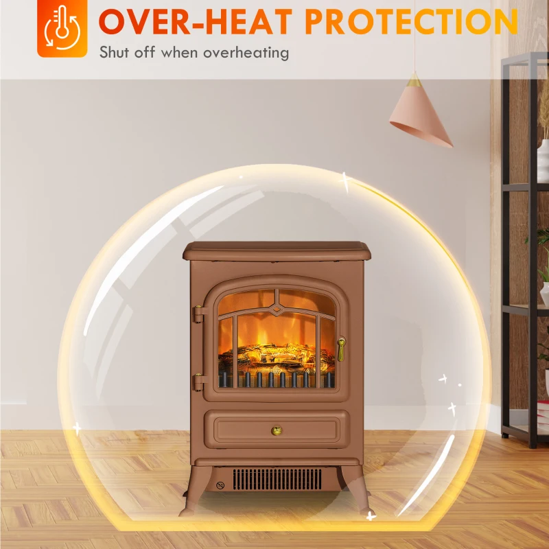 HOMCOM Fireplace Stove, Electric Fireplace Heater with Realistic LED Flames and Logs, 725W/1450W, Dark Brown