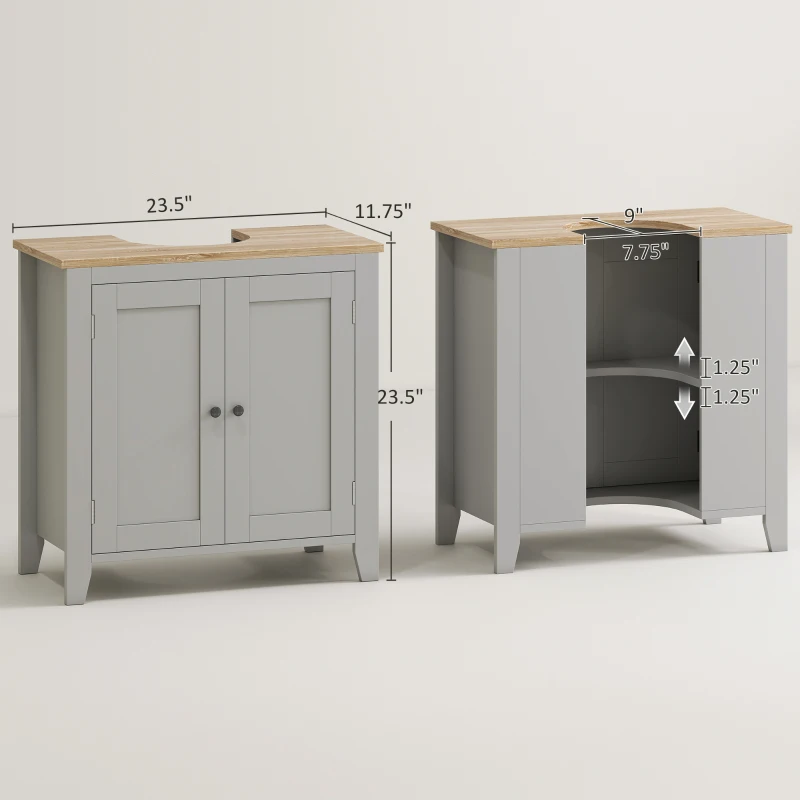 kleankin Bathroom Vanities, Pedestal Sink Cabinet with U-Shaped Cut-out and Adjustable Shelf, Gray