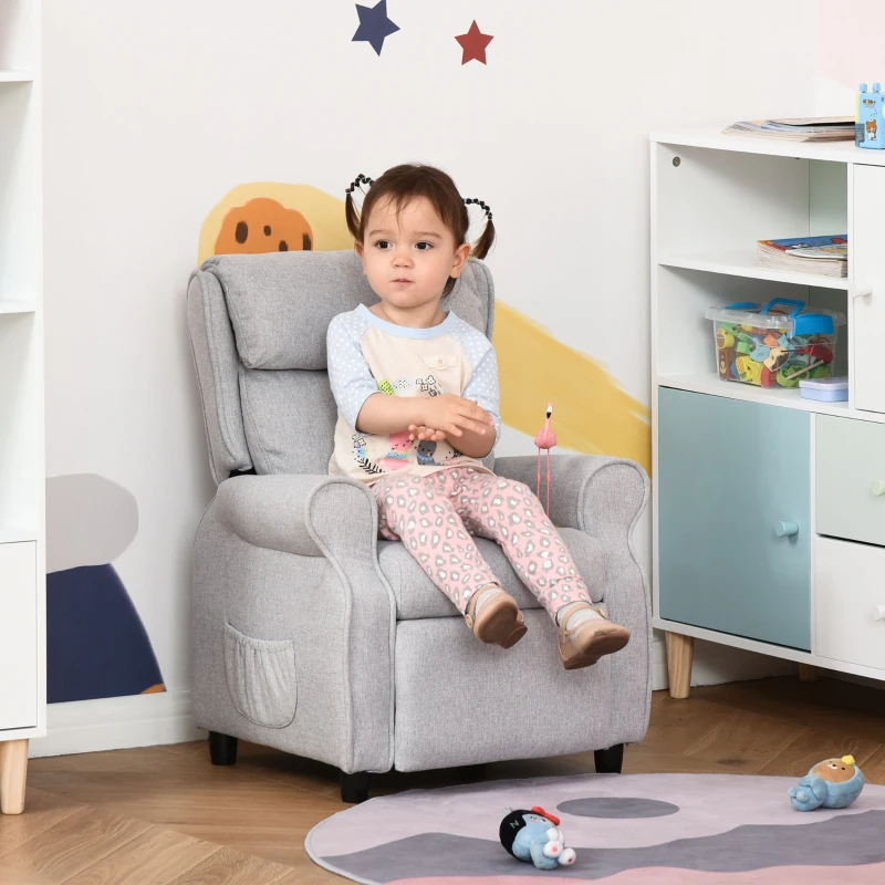 Qaba Kids Recliner Chair Children Sofa Angle Adjustable Single Lounger Armchair Gaming Chair, Light Grey