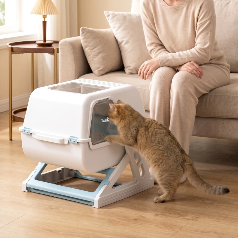 PawHut Cat Litter Box with Lid, Enclosed Cat Litter Box with Deodorization Bag & Drawer Pan, High Sides & Flip-to-Clean