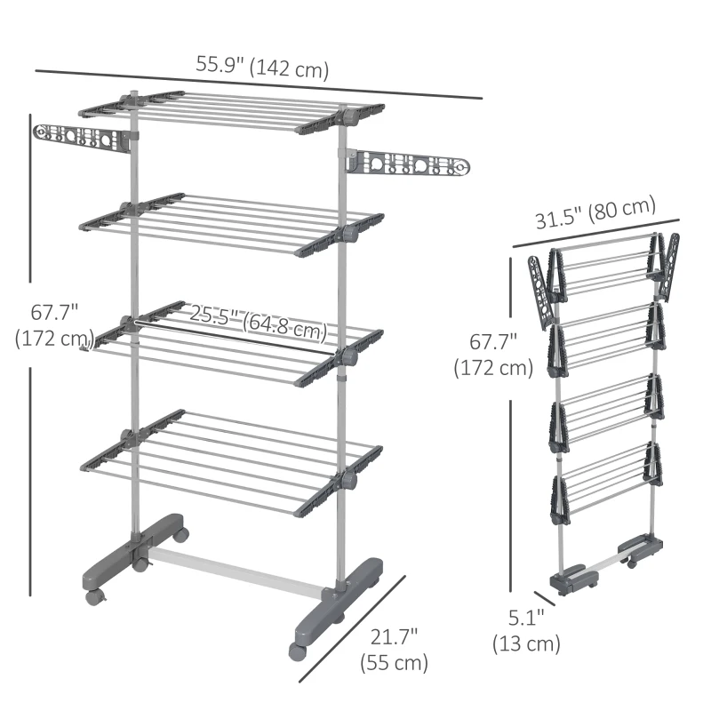 HOMCOM Garment Drying Rack Stainless Steel Folding Clothes Hanging Rack with Side Wings Castors for Indoor Outdoor Grey