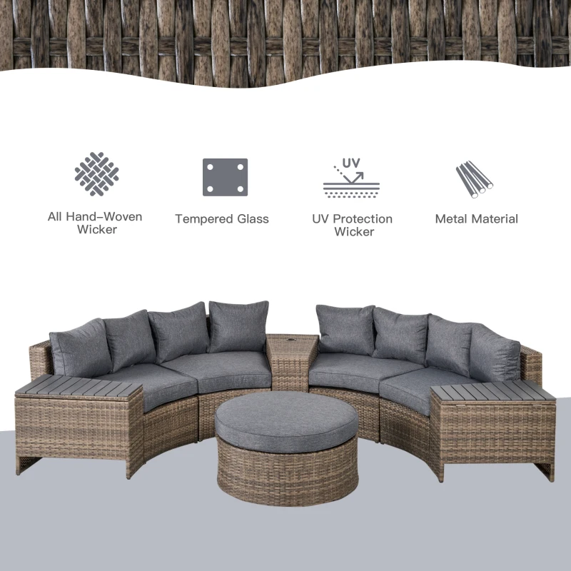 Outsunny 8 Piece Outdoor Rattan Sofa, Half Round Patio Furniture Set with Side Tables, Umbrella Hole, and Cushions, Mixed Kahki and Mixed Gray