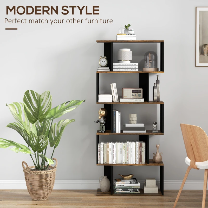 HOMCOM 5-Tier Bookshelf, Geometric S Shaped Bookcase, Tall Narrow Display Shelf for for Living Room, Study Room, Rustic Brown