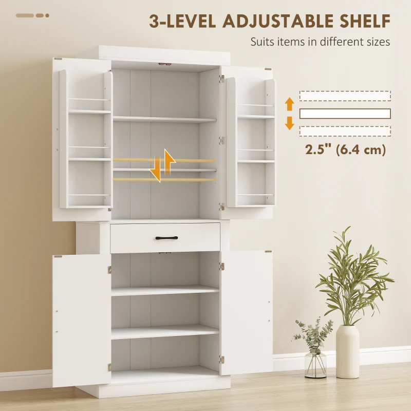 HOMCOM 72" Kitchen Pantry Cabinet, Farmhouse Kitchen Storage Cabinet with 4 Barn Doors, 6 Door Shelves, Drawer, White