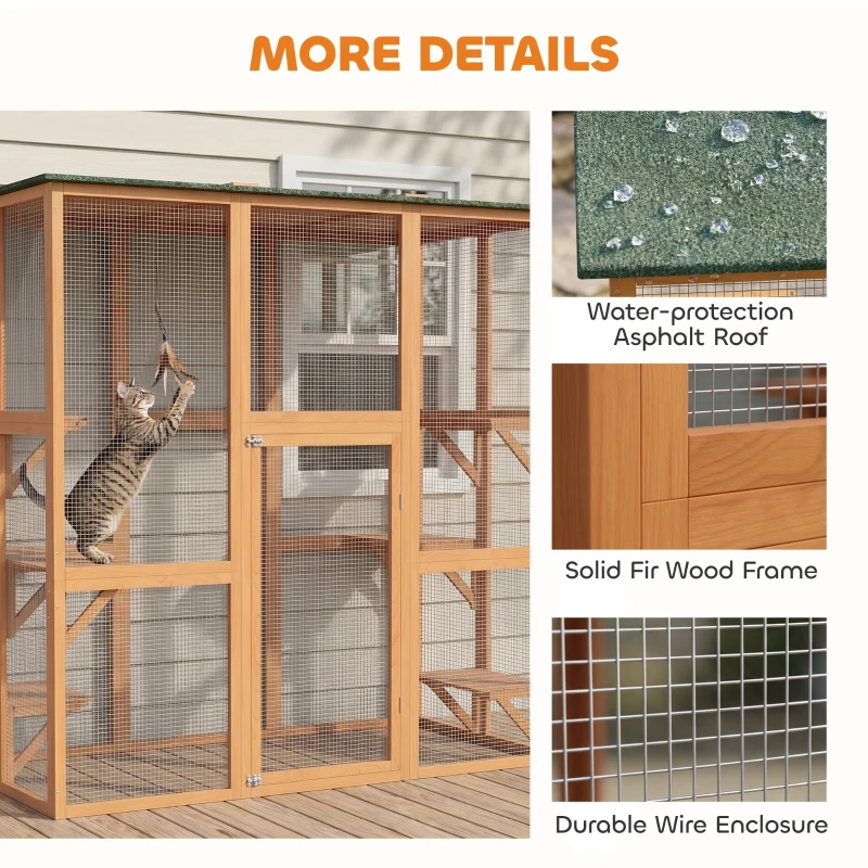 PawHut 71" x 39" x 71" Cat Cage, Large Outdoor Wooden Cat Patio with 6 Balanced Platforms and Asphalt Roof, Orange