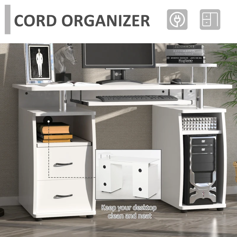 HOMCOM Multi-Function Computer Desk Home Office Workstation with Sliding Keyboard Tray, Elevated Shelf, Drawers and CPU Stand, White