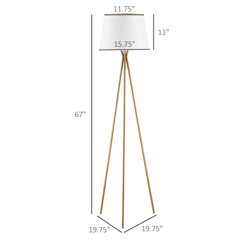 HOMCOM Modern Tripod Floor Lamp, Freestanding Lamp w/ Fabric Lampshade and E26 Base for Living Room, No Bulb - Gold