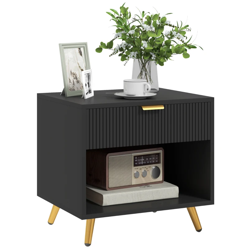 HOMCOM Nightstand with Fluted Panel, Bedside Table with Drawer and Open Compartment, Modern Night Table for Bedroom, Black