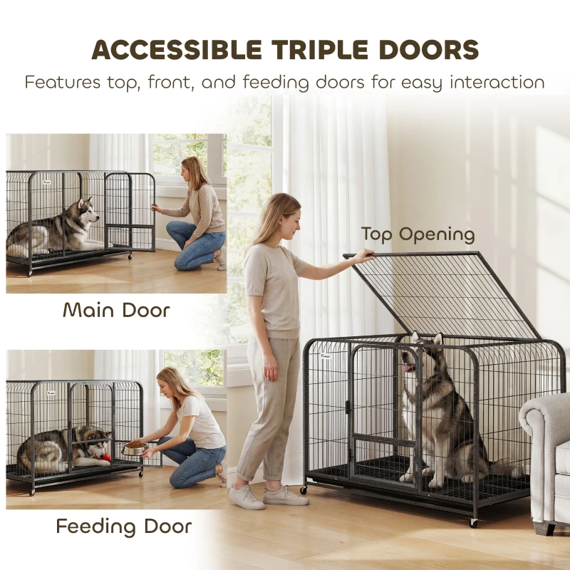 PawHut 48 Inch Heavy Duty Dog Crate, Large Metal Dog Cage with Lockable Wheels and Removable Tray