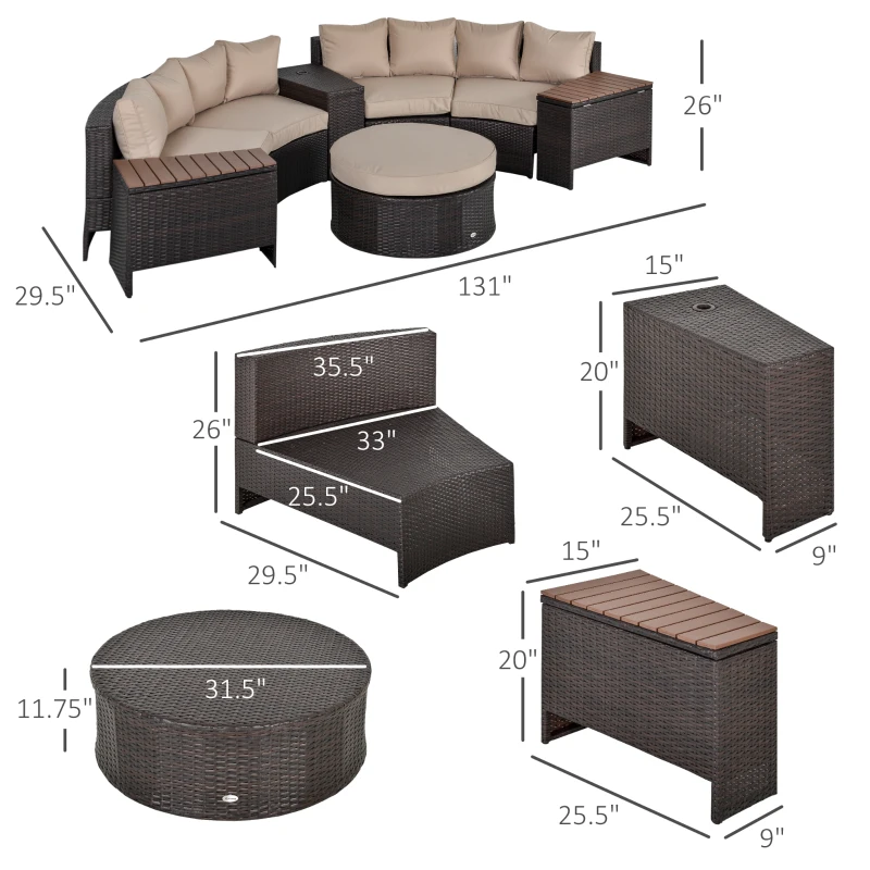 Outsunny 8 Piece Outdoor Rattan Sofa, Half Round Patio Furniture Set with Side Tables, Umbrella Hole, and Cushions, Mixed Brown and Beige