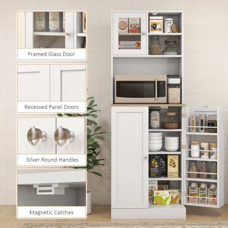 HOMCOM 66.5" Tall Kitchen Pantry Cabinet, Kitchen Hutch, Microwave Cabinet with Adjustable Shelves for Dining Room, White