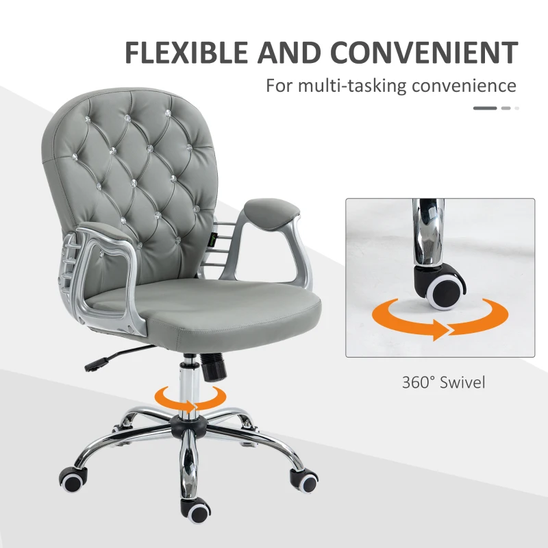 Vinsetto Button Tufted Desk Chair, Home Office Chair with Padded Armrests, Adjustable Height and Swivel Wheels, Gray