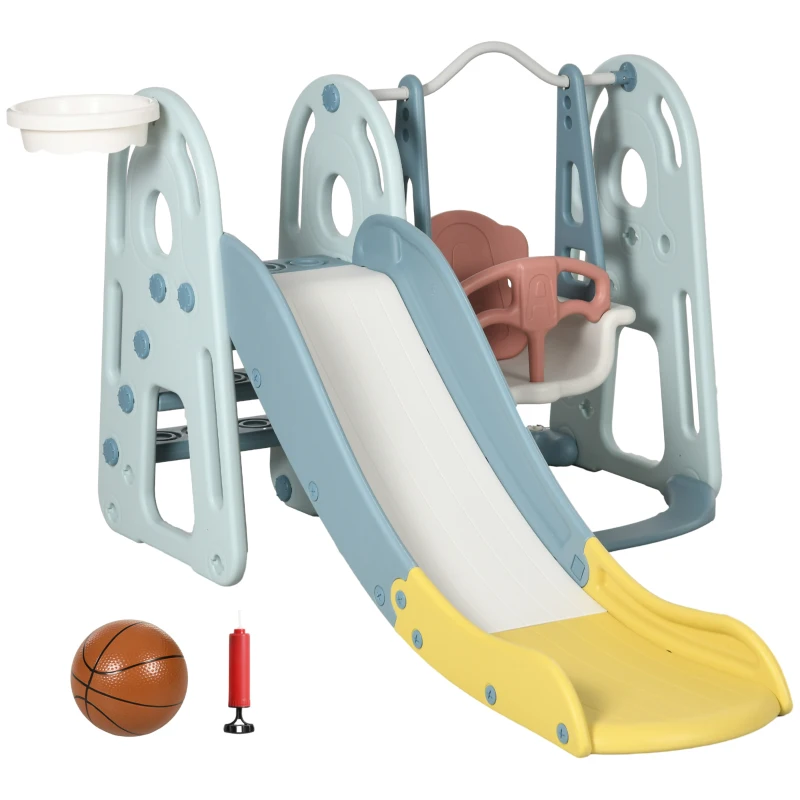 Qaba 4 in 1 Toddler Slide and Swing Set with Adjustable Seat Height and Basketball Hoop, Freestanding Kids Climber Slide Playset with Basket Ball for Indoor Playground 18-60 Months