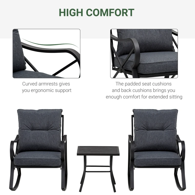 Outsunny 3-Piece Patio Bistro Set Outdoor Rocking Coffee Table Chair Set with Curved Base, Soft Cushions, Steel Frame, Black