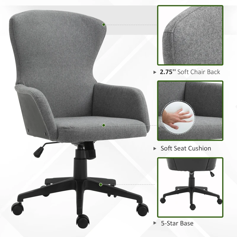 Vinsetto Swivel Office Chair Modern Linen Upholstered Home Computer Desk Task Chair with Cushioned Arm, Wheels, Adjustable Height, Grey