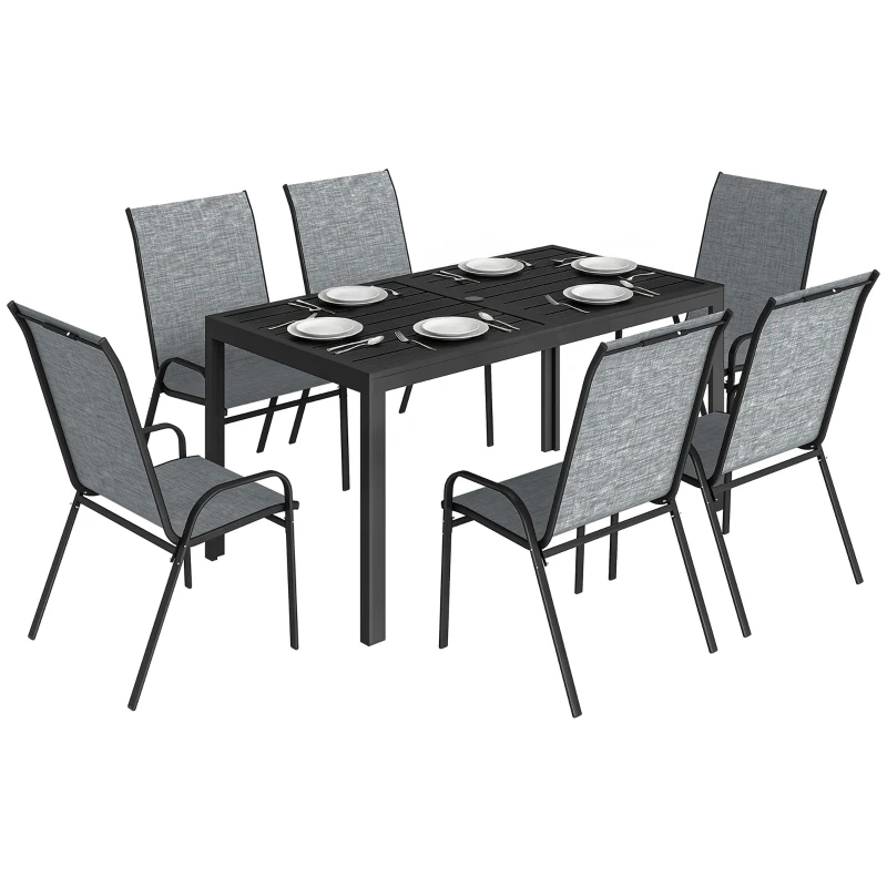 Outsunny Outdoor Dining Set for 6, Faux Wood Metal Patio Table and Mesh Stackable Chairs with Umbrella Hole, Mixed Grey