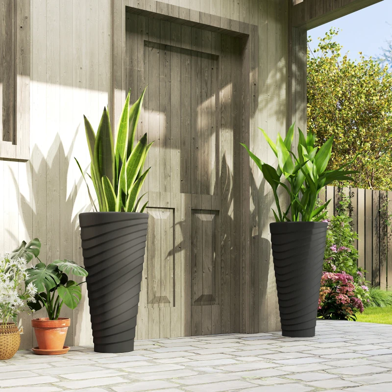 Outsunny 29" Tall Planters Set of 2, Indoor Outdoor Stackable Taper Planters with Drainage Holes, Black