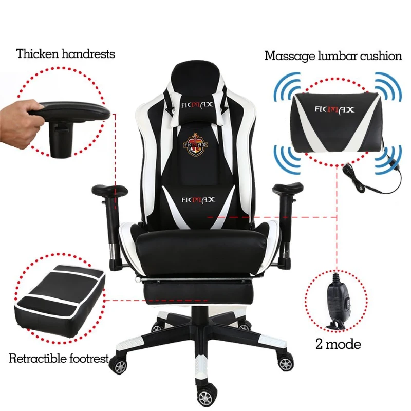 Ficmax Large Size Executive Racing Style Computer Gaming Chair with Lumbar Massage Support and Retractible Footrest - White/Black