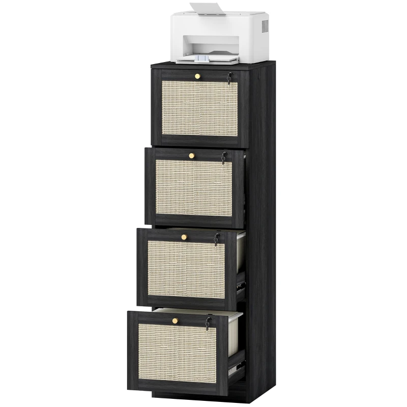 HOMCOM 4 Drawer Filing Cabinet with Lock, Boho File Cabinet for A4 Letter Size Files with Decorative Rattan Accents, Black