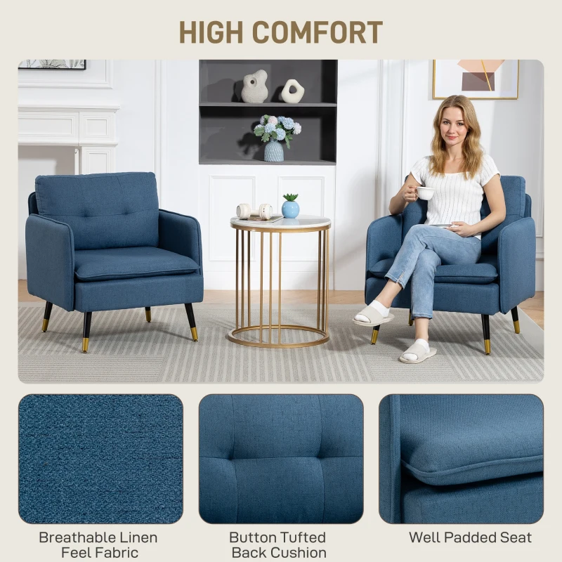 HOMCOM Accent Chairs Set of 2, Upholstered Armchairs with Tufted Back Cushion and Steel Legs for Living Room, Bedroom